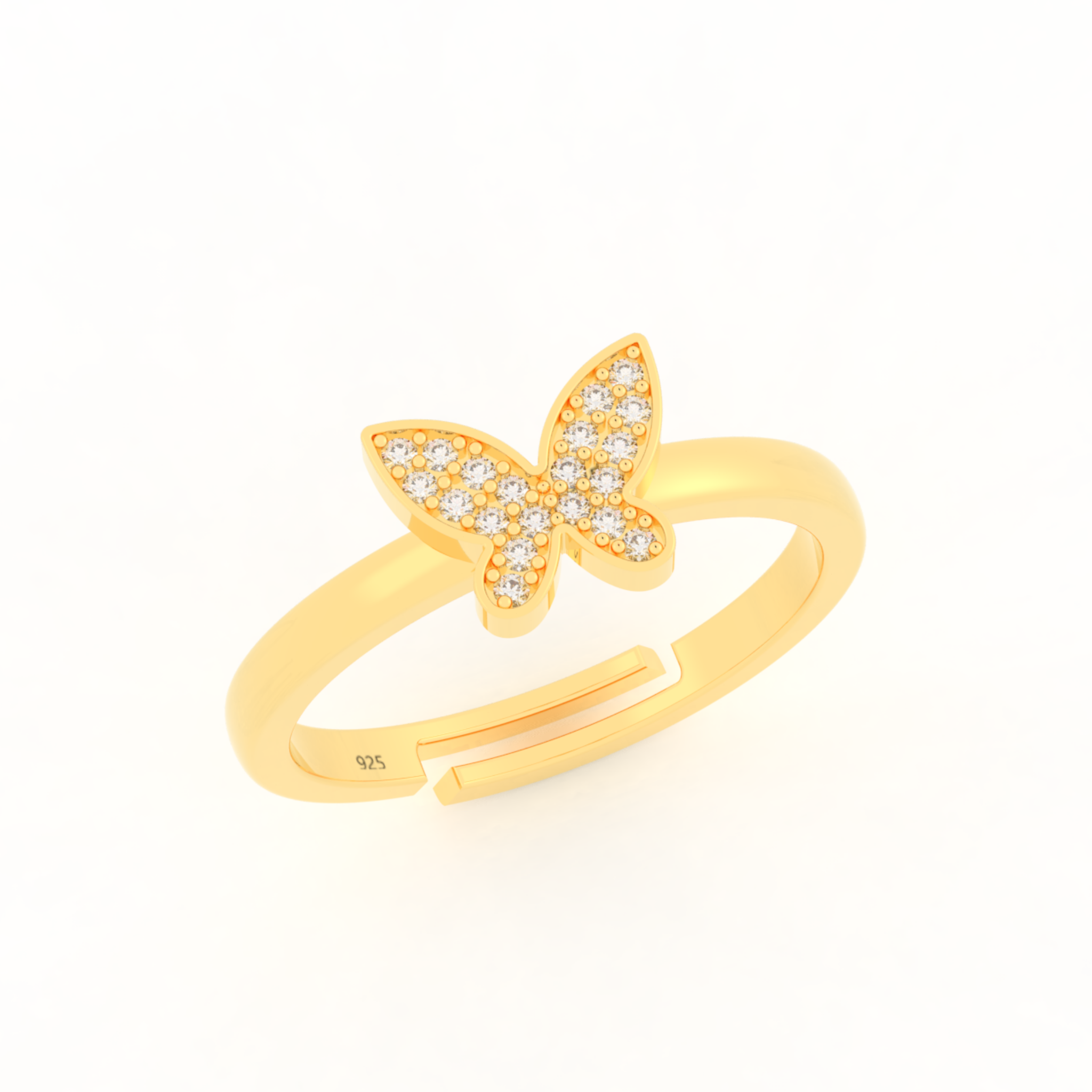 Shimmery Butterfly Cute Ring- Hallmarked 925 Sterling Silver Yellow Gold